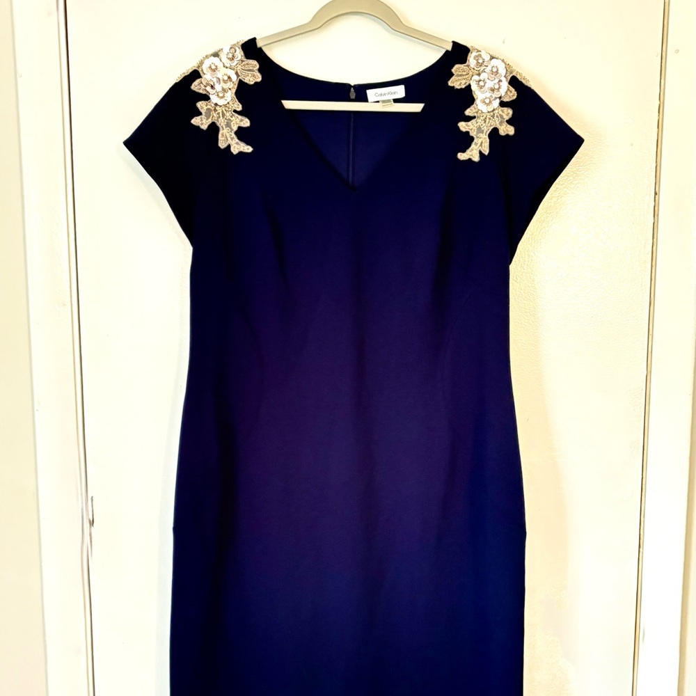 Calvin Klein Navy Dress with Embellished Shoulders